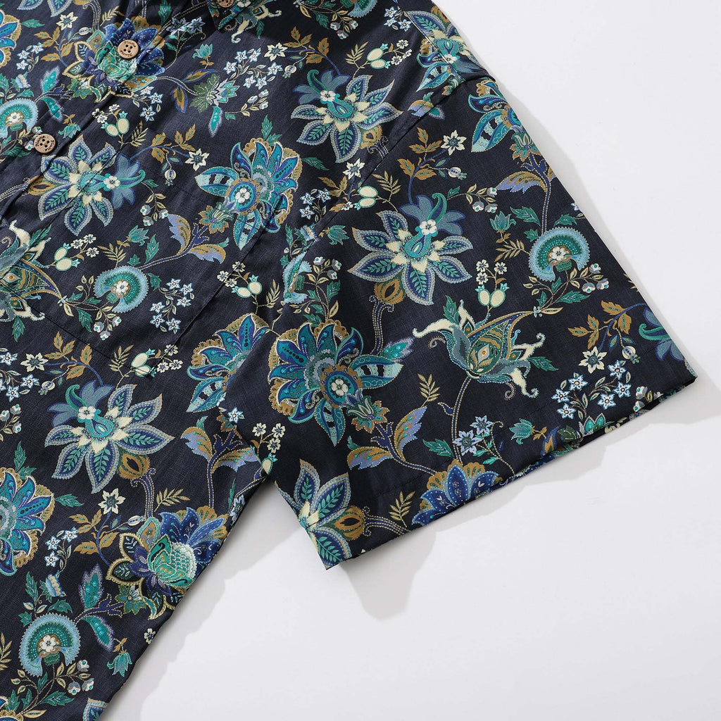Black Hawaiian Shirt For Men Fantasy Flowers Print Short Sleeve Cotton Button Down Black Fantasy Flowers By Sylvia