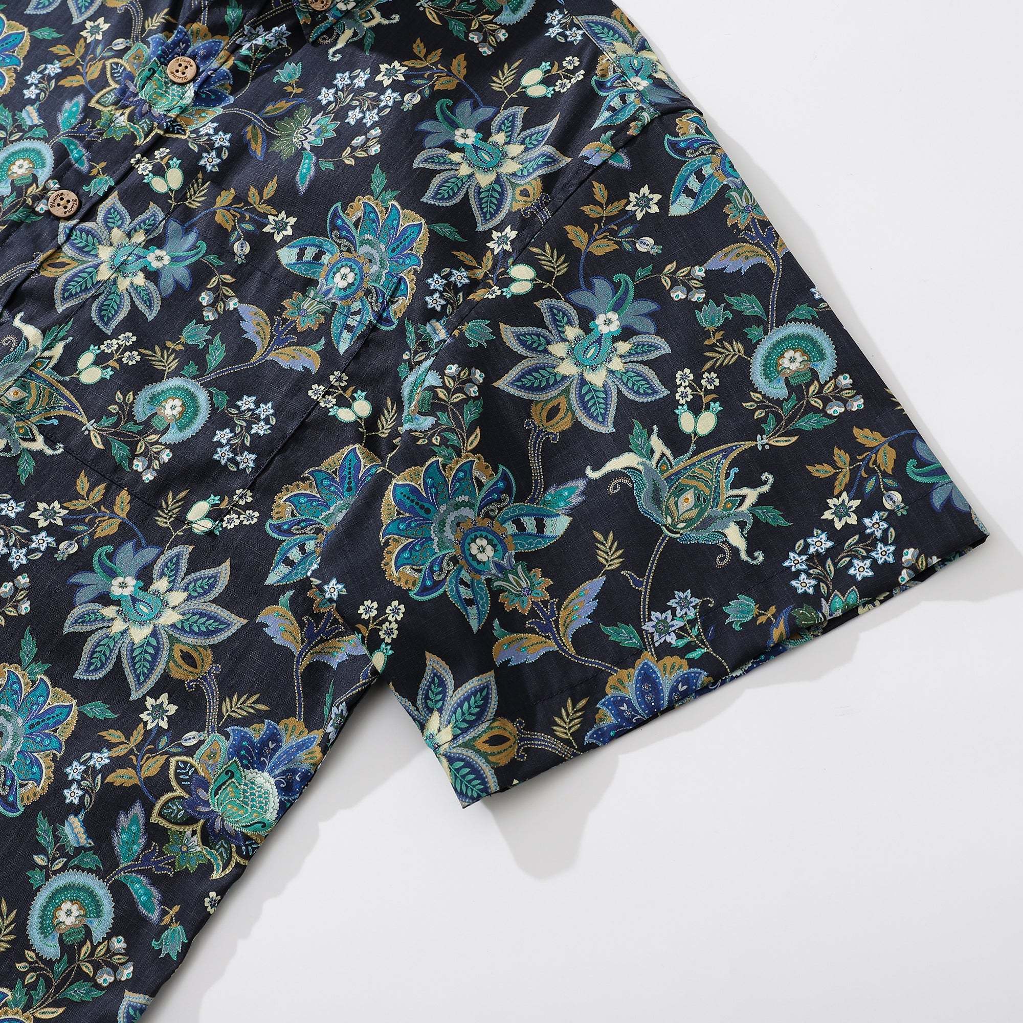 Black Hawaiian Shirt For Men Fantasy Flowers Print Short Sleeve Cotton Button Down Black Fantasy Flowers By Sylvia