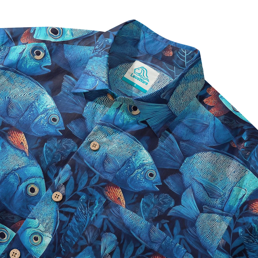LeosWare® Men's Hawaiian Shirt Short Sleeve Button-up 100% Cotton Blue Aloha Deep Sea Blues Fish School By Ann