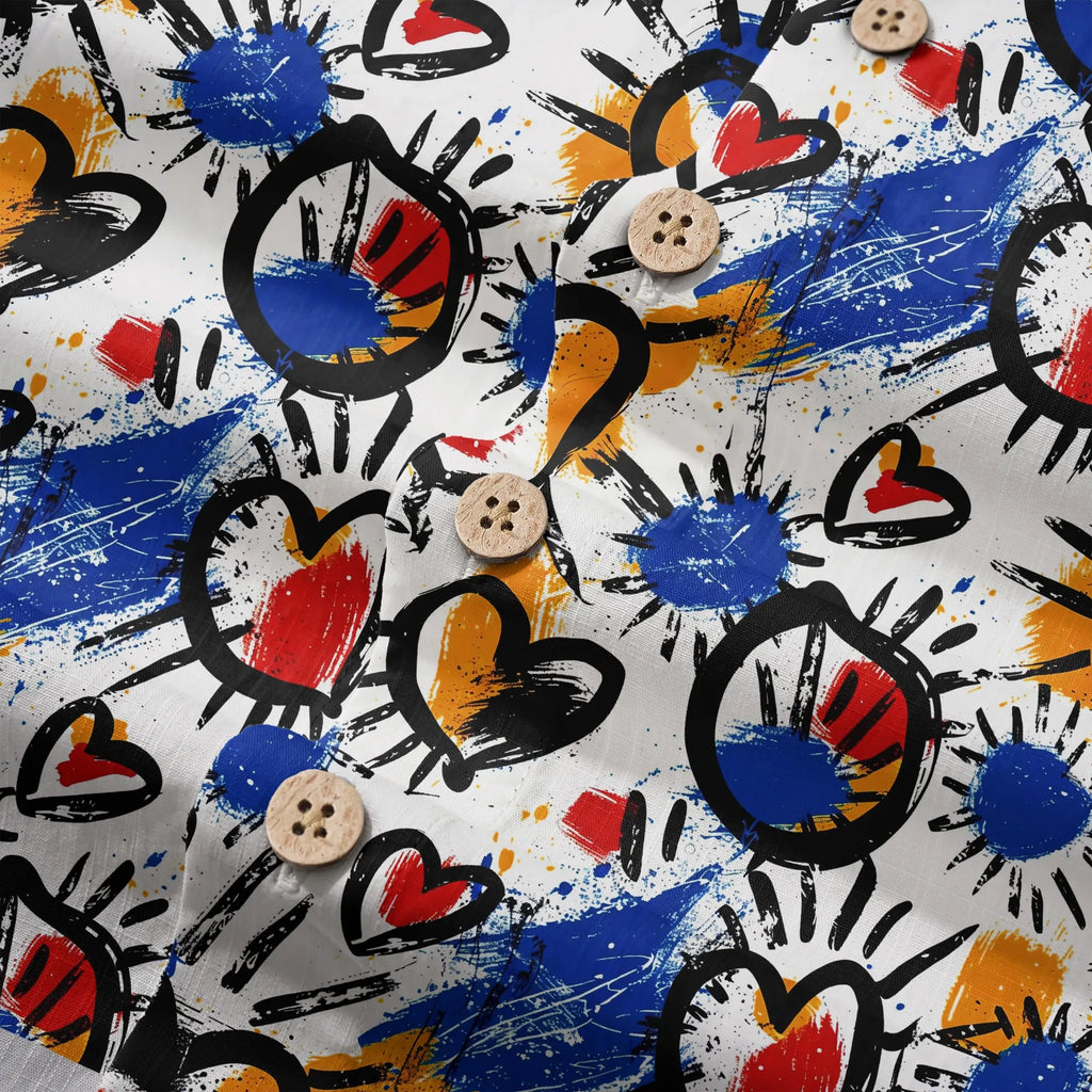 LeosWare® Men's Hawaiian Shirt Short Sleeve Button-up 100% Cotton White Aloha Color Clash Heart Mango By Ann
