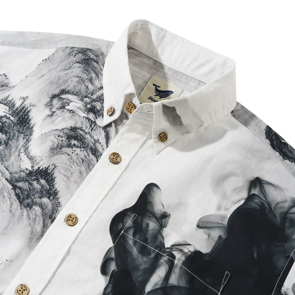 Men's Hawaiian Shirt Short Sleeve Button-down 100% Cotton Black Aloha Oriental Inkscape By DUDU