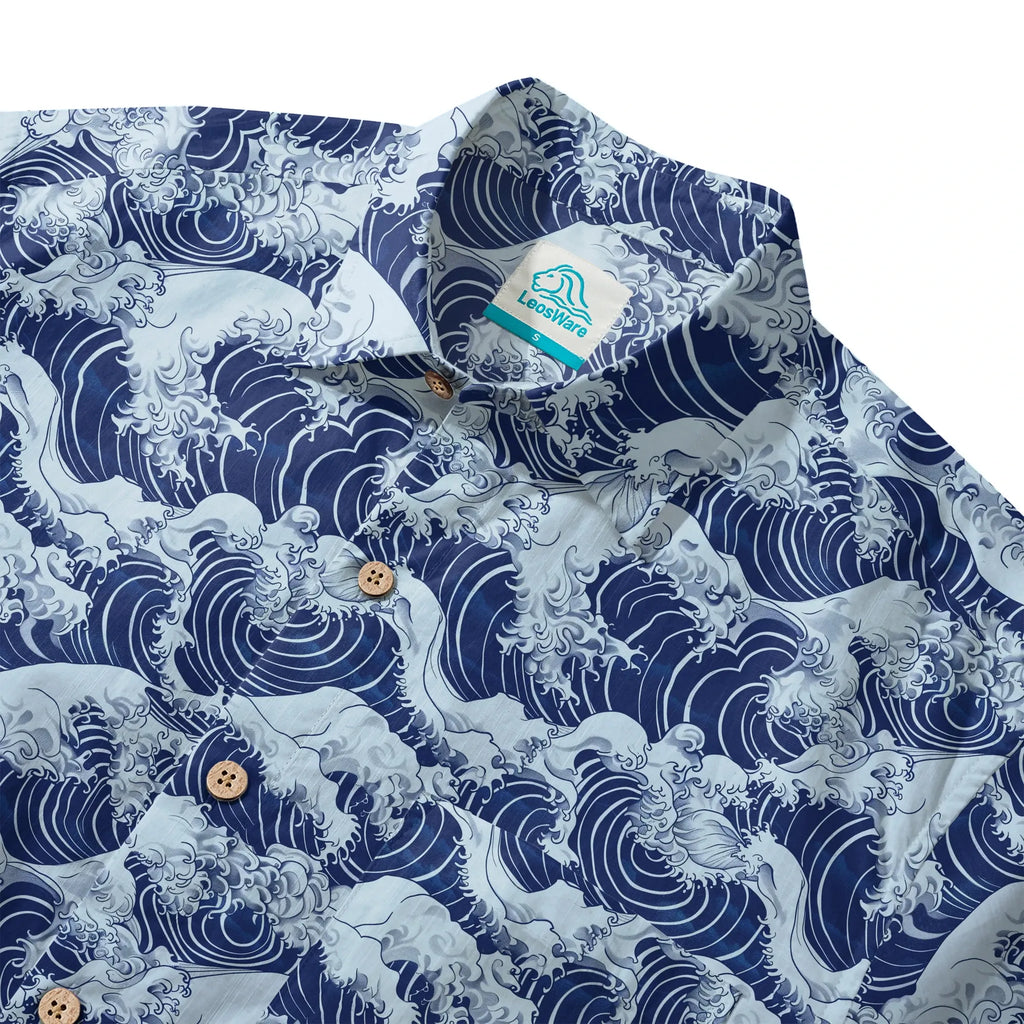 LeosWare® Men's Hawaiian Shirt Short Sleeve Button-up 100% Cotton Blue Aloha Blue Wave World By Ann