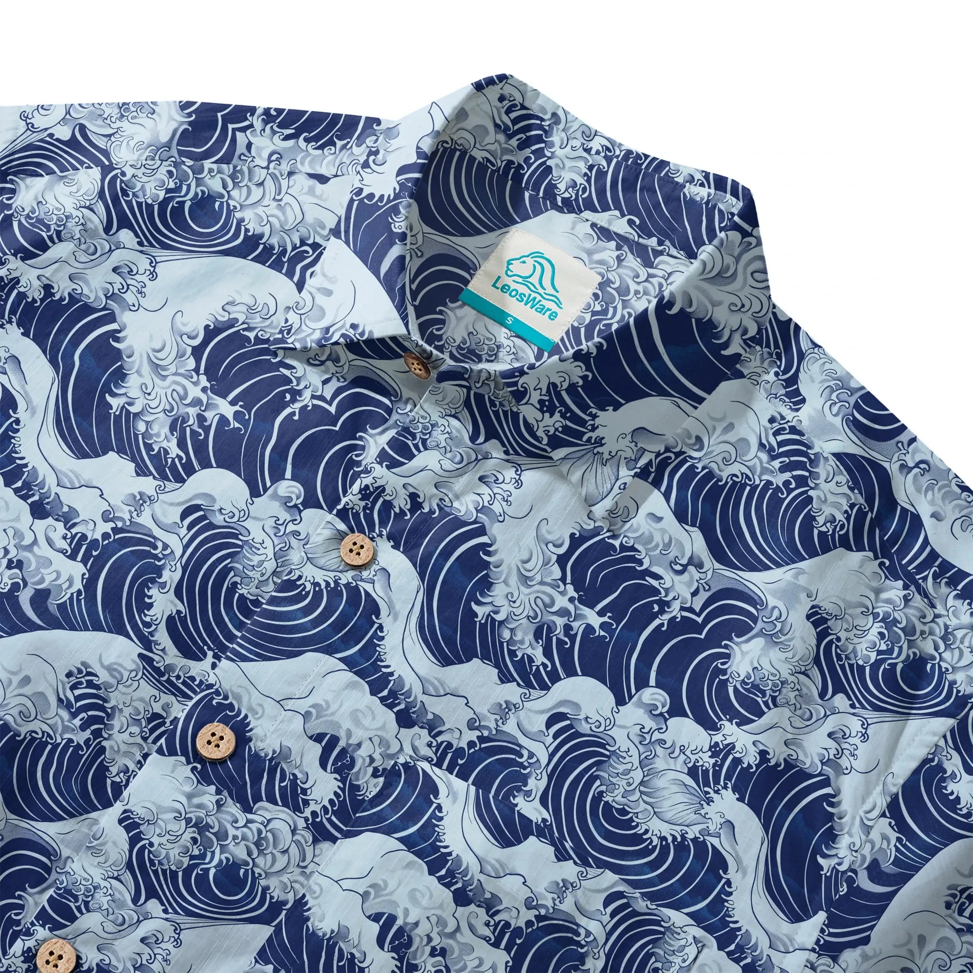 LeosWare® Men's Hawaiian Shirt Short Sleeve Button-up 100% Cotton Blue Aloha Blue Wave World By Ann