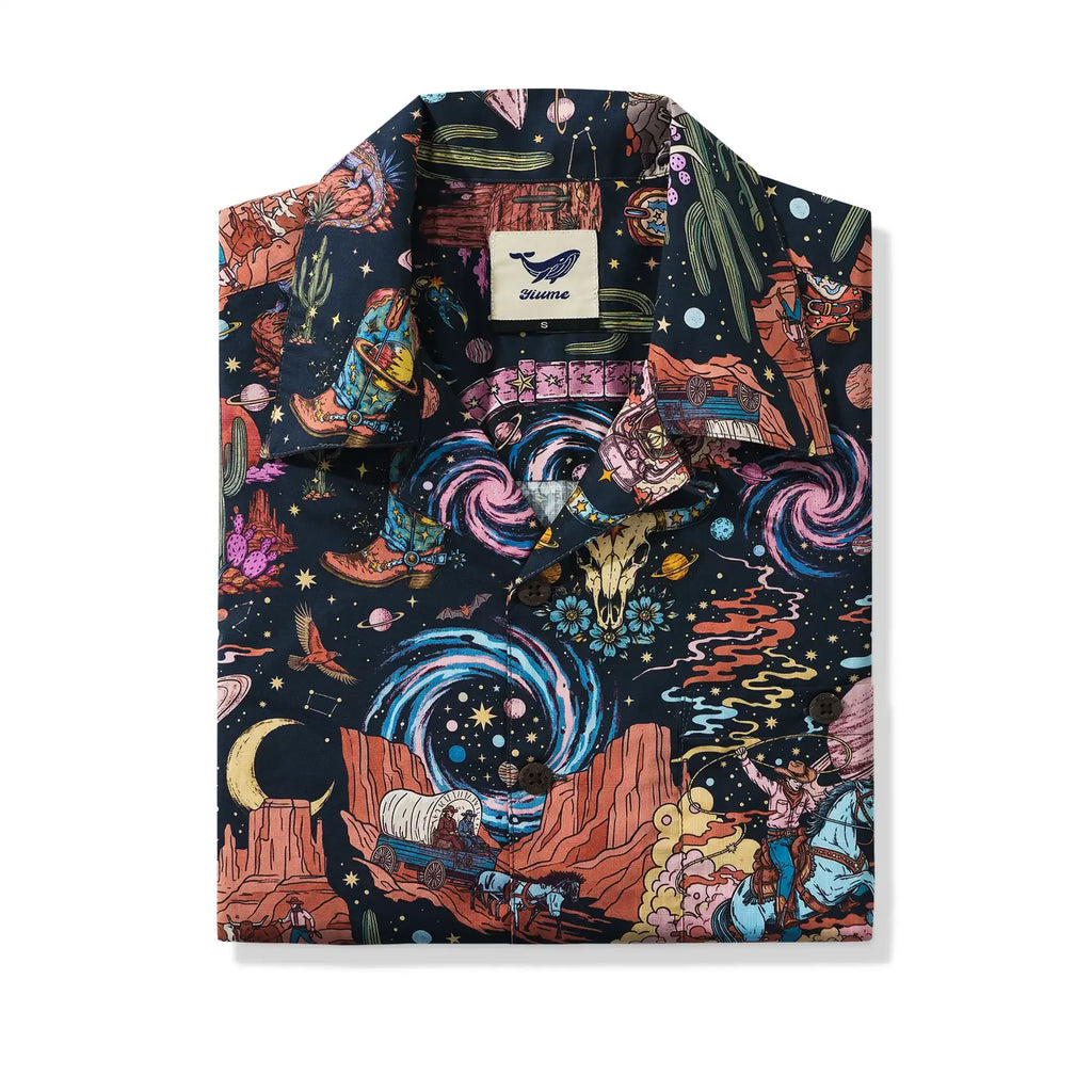 Men's Hawaiian Shirt Short Sleeve Camp Collar 100% Cotton Black Aloha Western Stardust - Black By Mo
