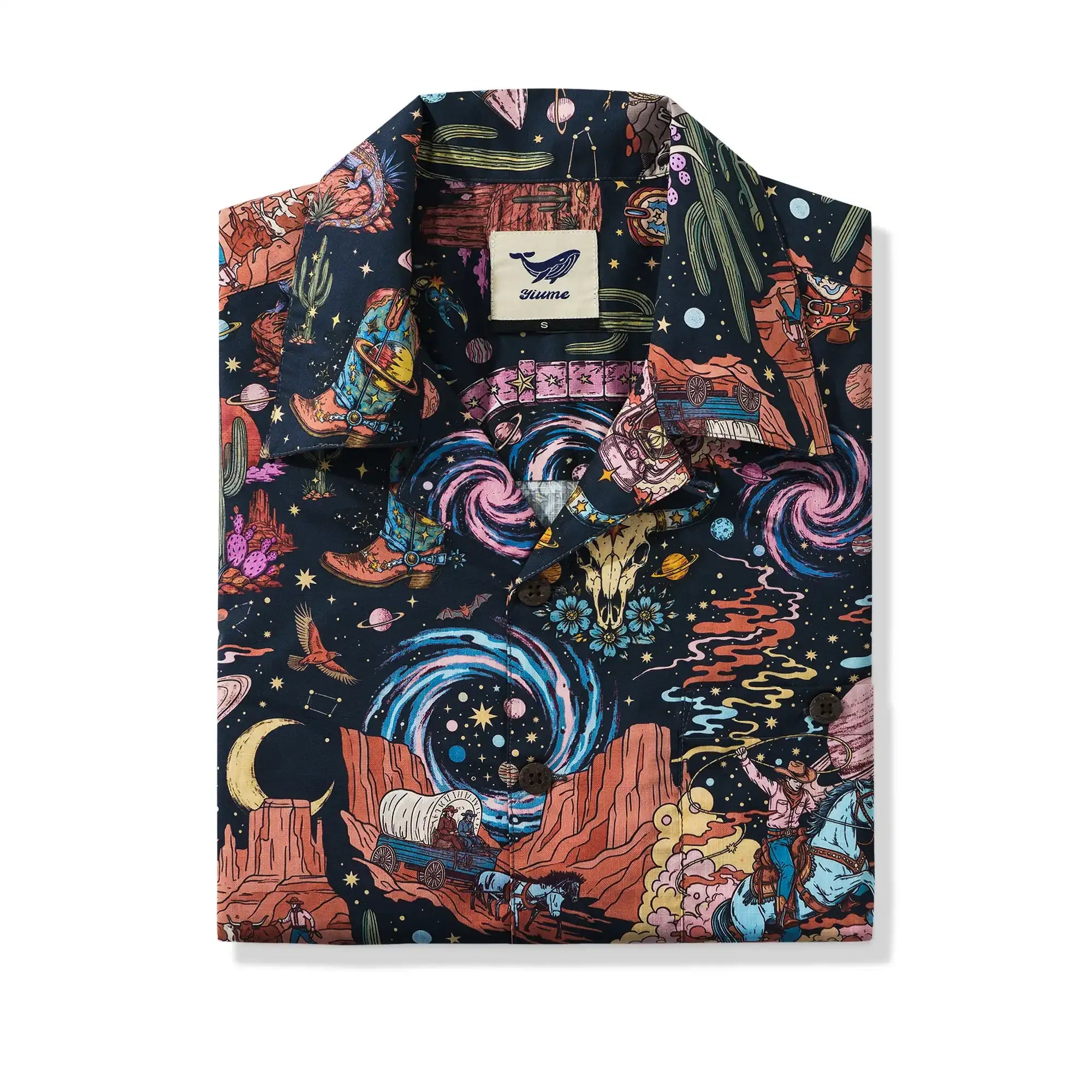 Men's Hawaiian Shirt Short Sleeve Camp Collar 100% Cotton Black Aloha Western Stardust - Black By Mo