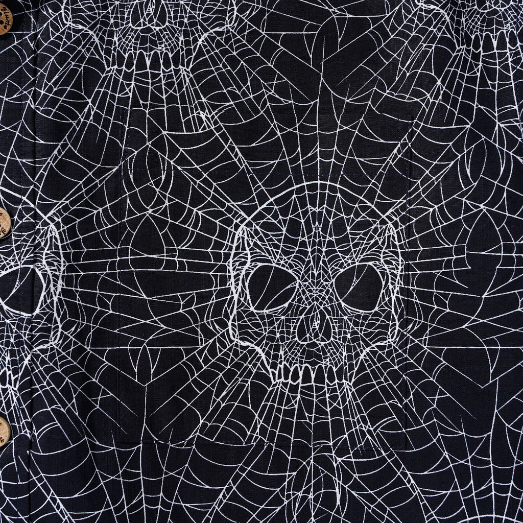 Men's Hawaiian Shirt Short Sleeve Button-down 100% Cotton Black Aloha Gothic Skull Spider Web By Mystic Hearts By Alejandra Valenzuela