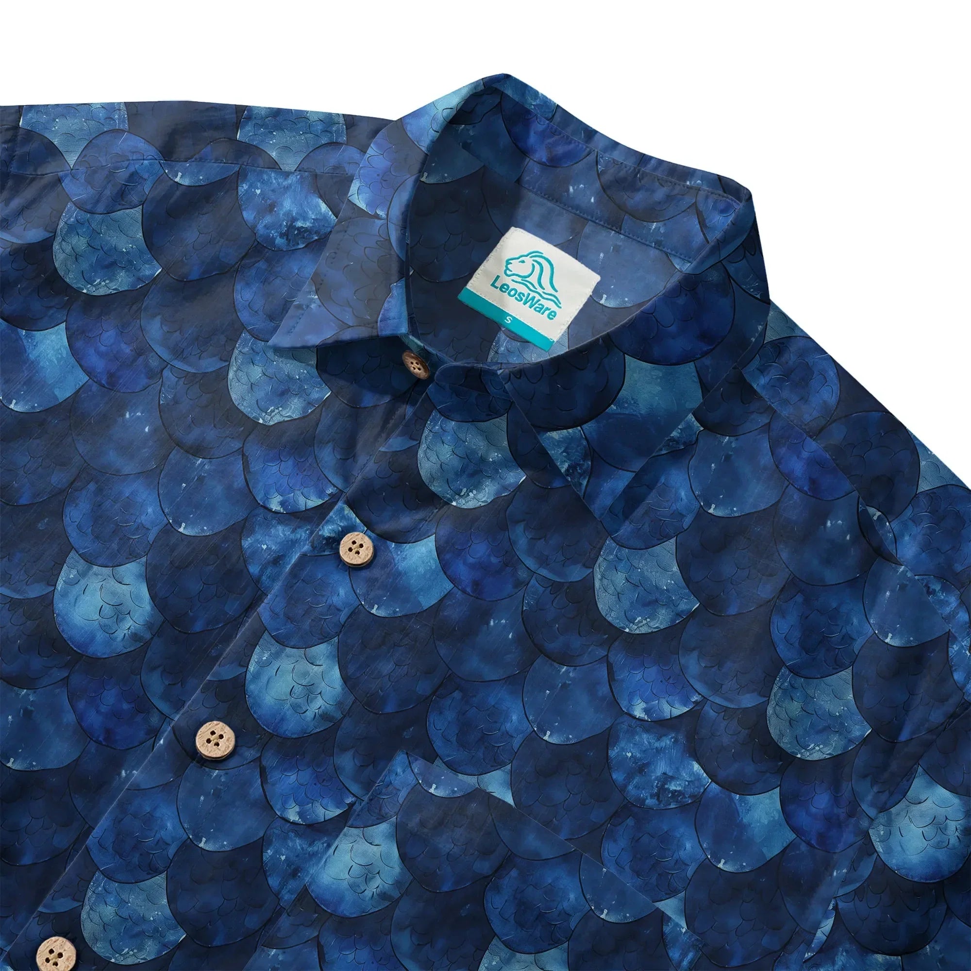 LeosWare® Men's Hawaiian Shirt Short Sleeve Button-up 100% Cotton Blue Aloha Deep Sea Dragon Scales By Ann