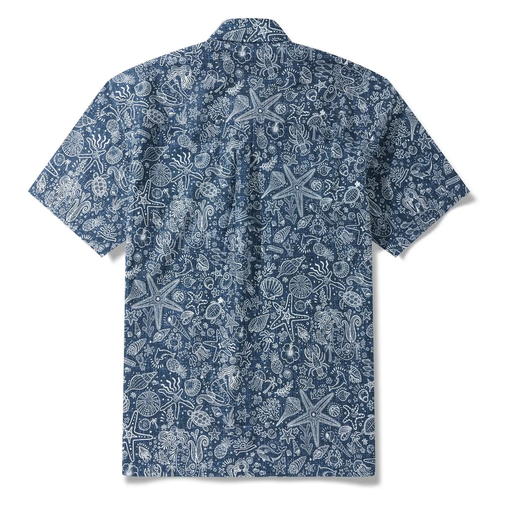 Men's Hawaiian Shirt Short Sleeve Button-down 100% Cotton Beige Aloha Coastal Doodle - Navy Blue By Huan huan