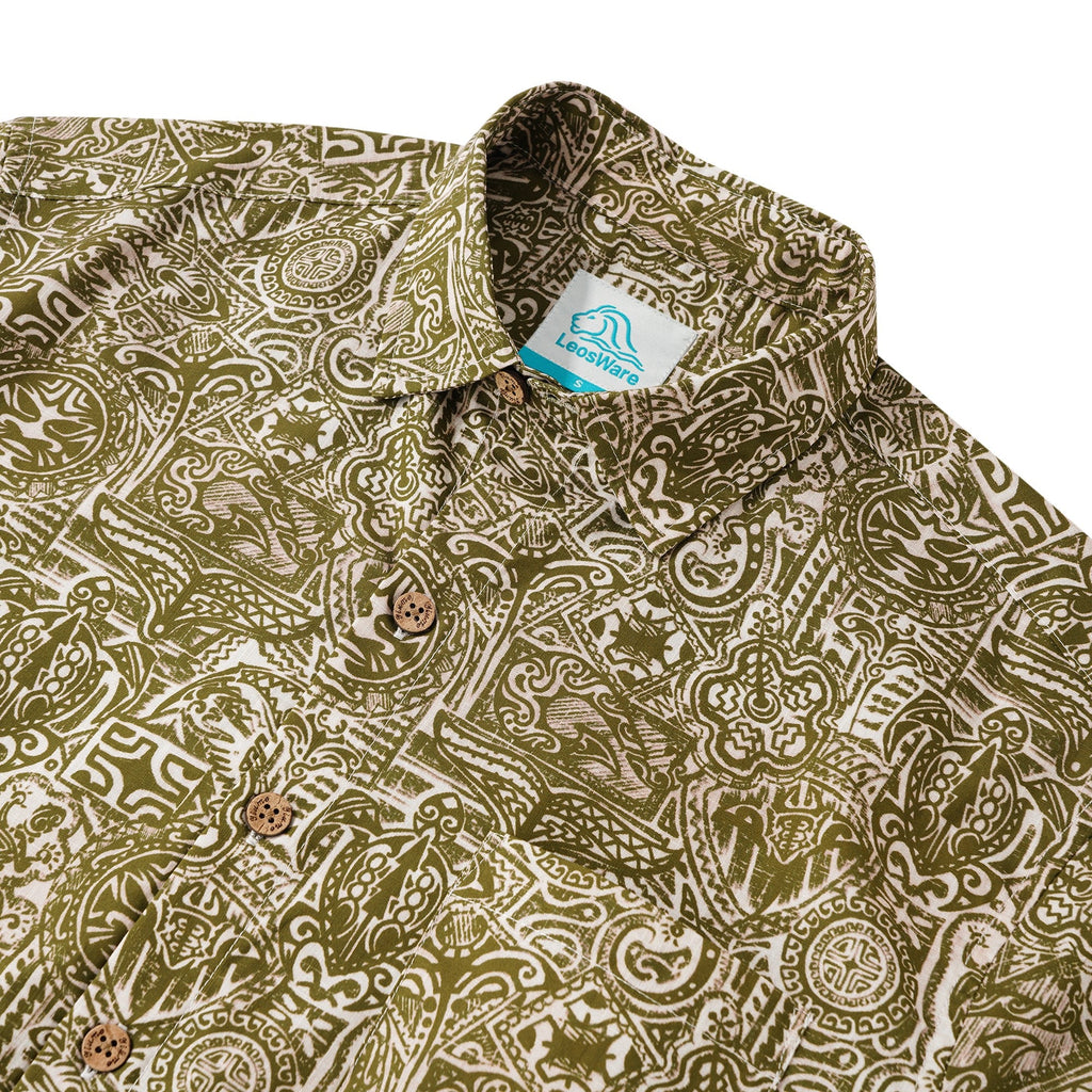 LeosWare® Men's Hawaiian Shirt Short Sleeve Button-up 100% Cotton Yellow Aloha Exotic Tribal Art Patterns By Ethan