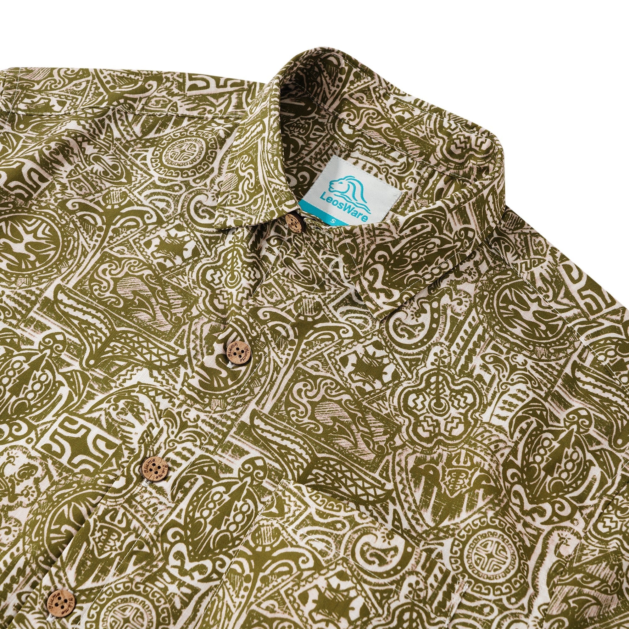 LeosWare® Men's Hawaiian Shirt Short Sleeve Button-up 100% Cotton Yellow Aloha Exotic Tribal Art Patterns By Ethan