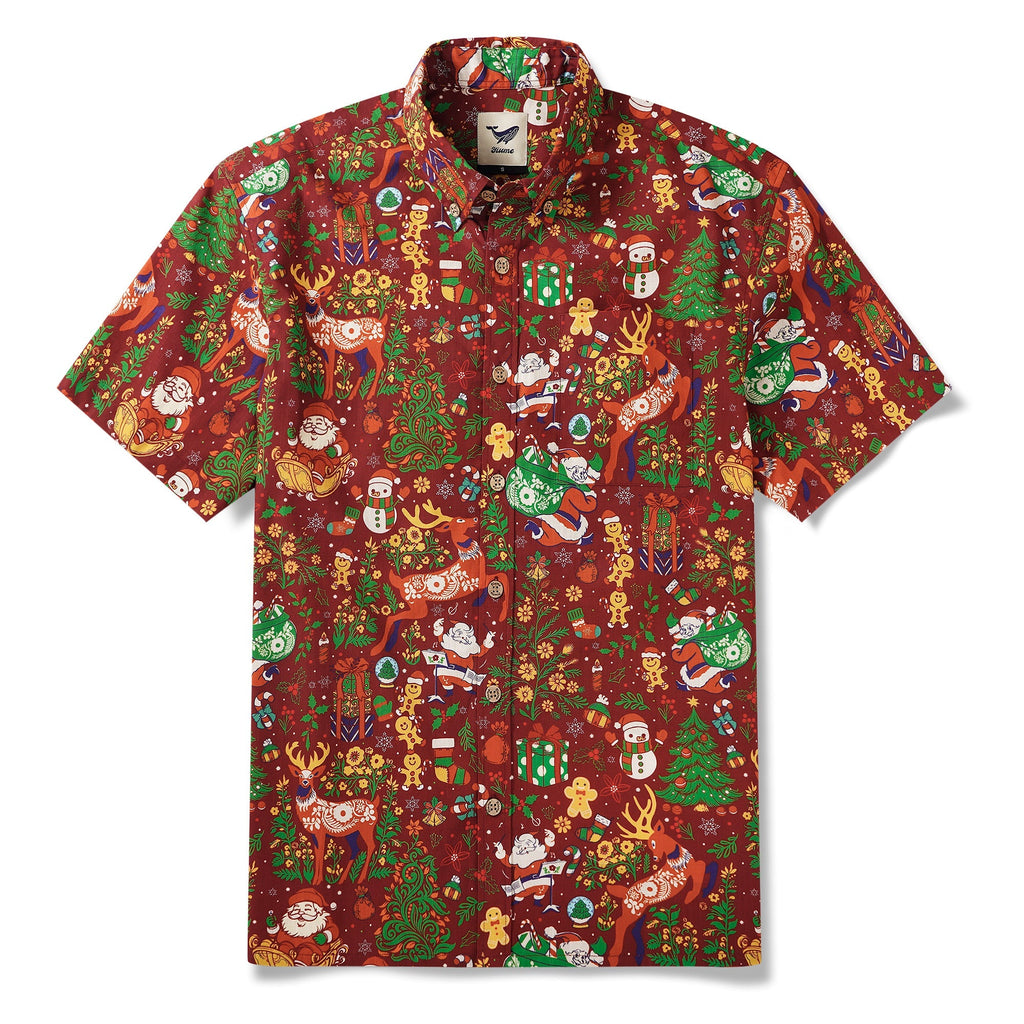 Men's Hawaiian Shirt Short Sleeve Button-down 100% Cotton Red Aloha Christmas Essence By Yakima