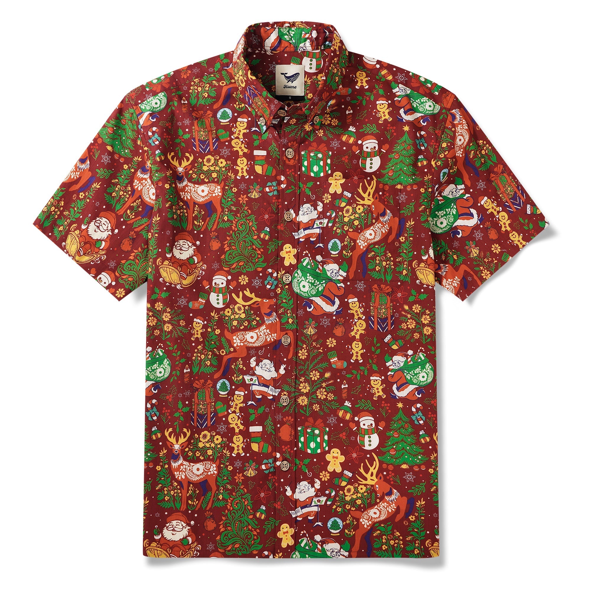 Men's Hawaiian Shirt Short Sleeve Button-down 100% Cotton Red Aloha Christmas Essence By Yakima