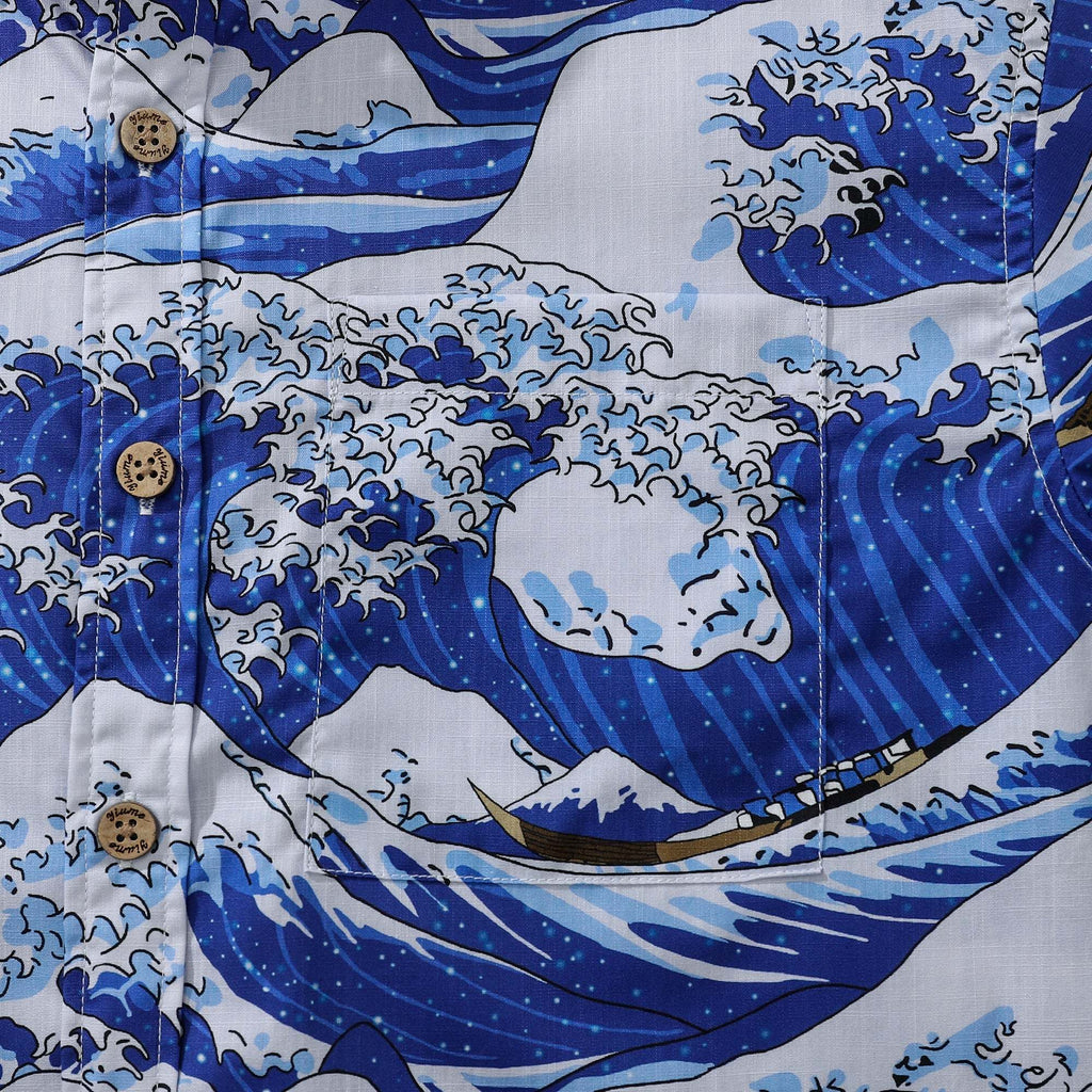 Mens Great Wave Shirt Blue Hawaiian Shirt Short Sleeve Button-down 100% Cotton Japanese Ukiyo-e Shirt By Amy