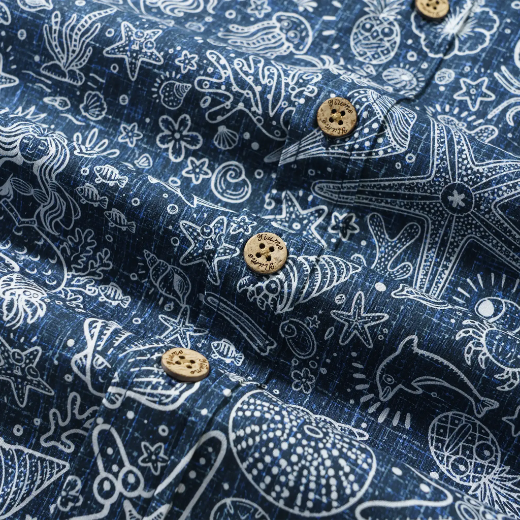 Men's Hawaiian Shirt Short Sleeve Button-down 100% Cotton Beige Aloha Coastal Doodle - Navy Blue By Huan huan