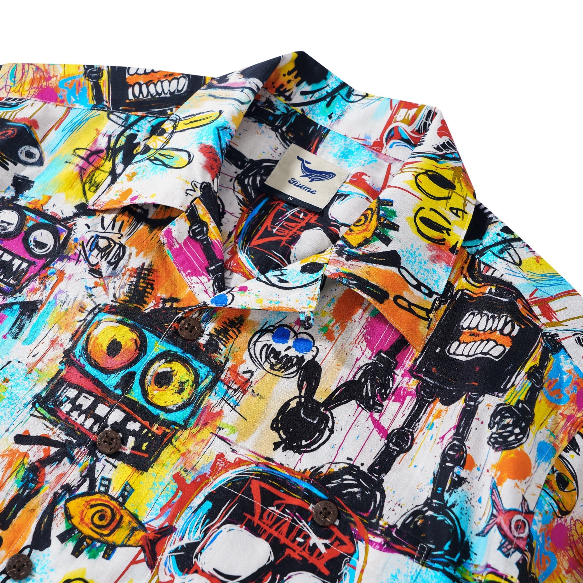 Hawaiian Shirt For Men Halloween Short Sleeve Camp Collar Shirt 100% Cotton White Aloha Graffiti Madness Party By Yana