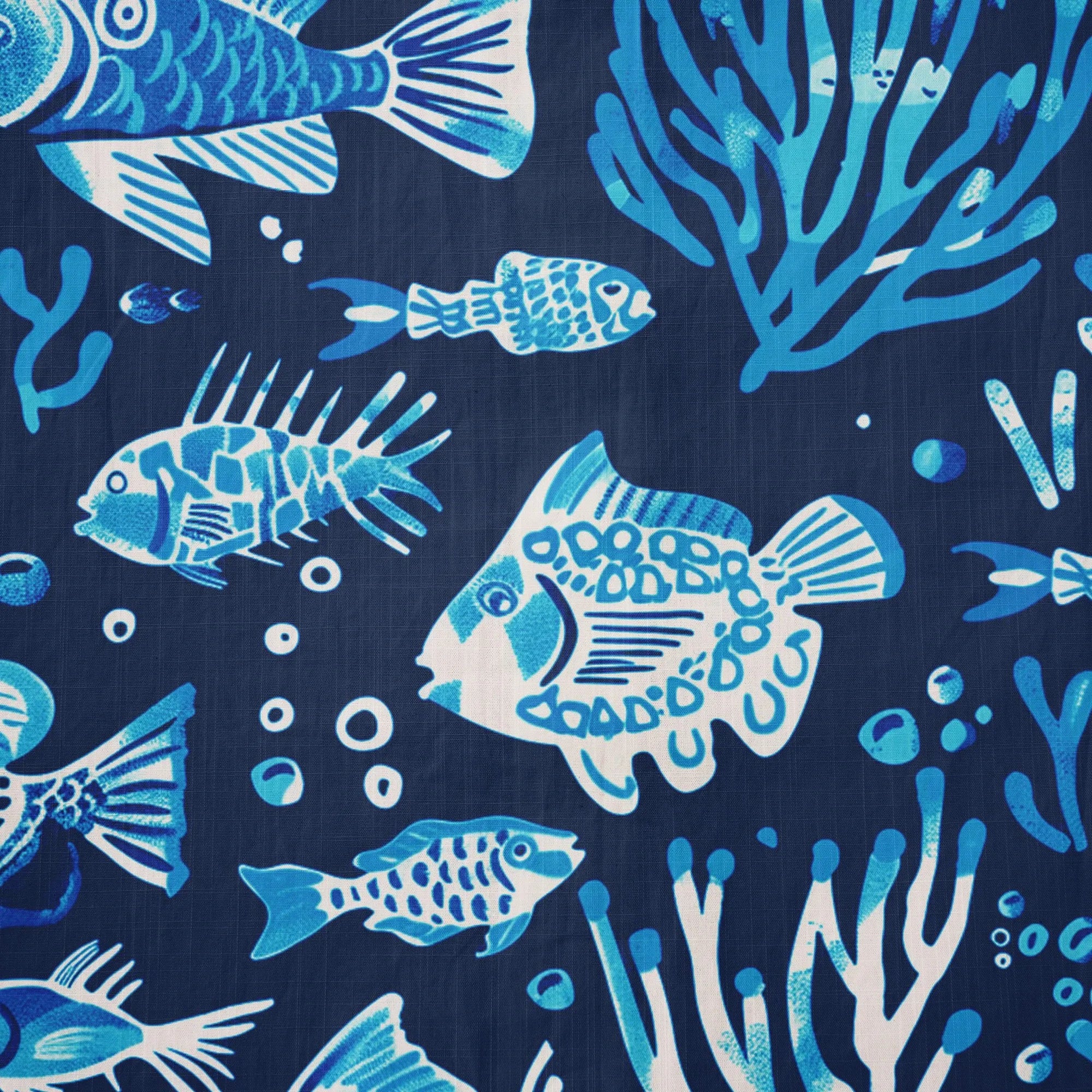 LeosWare® Men's Hawaiian Shirt Short Sleeve Button-up 100% Cotton Blue Coral Aloha Deep Blue Fish Whisper By Ann