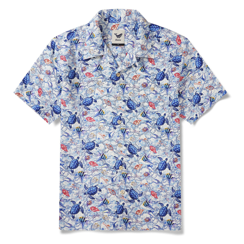 Men's Hawaiian Shirt Short Sleeve Camp Collar 100% Silk Blue Aloha A Sea Turtle's Odyssey By Sun