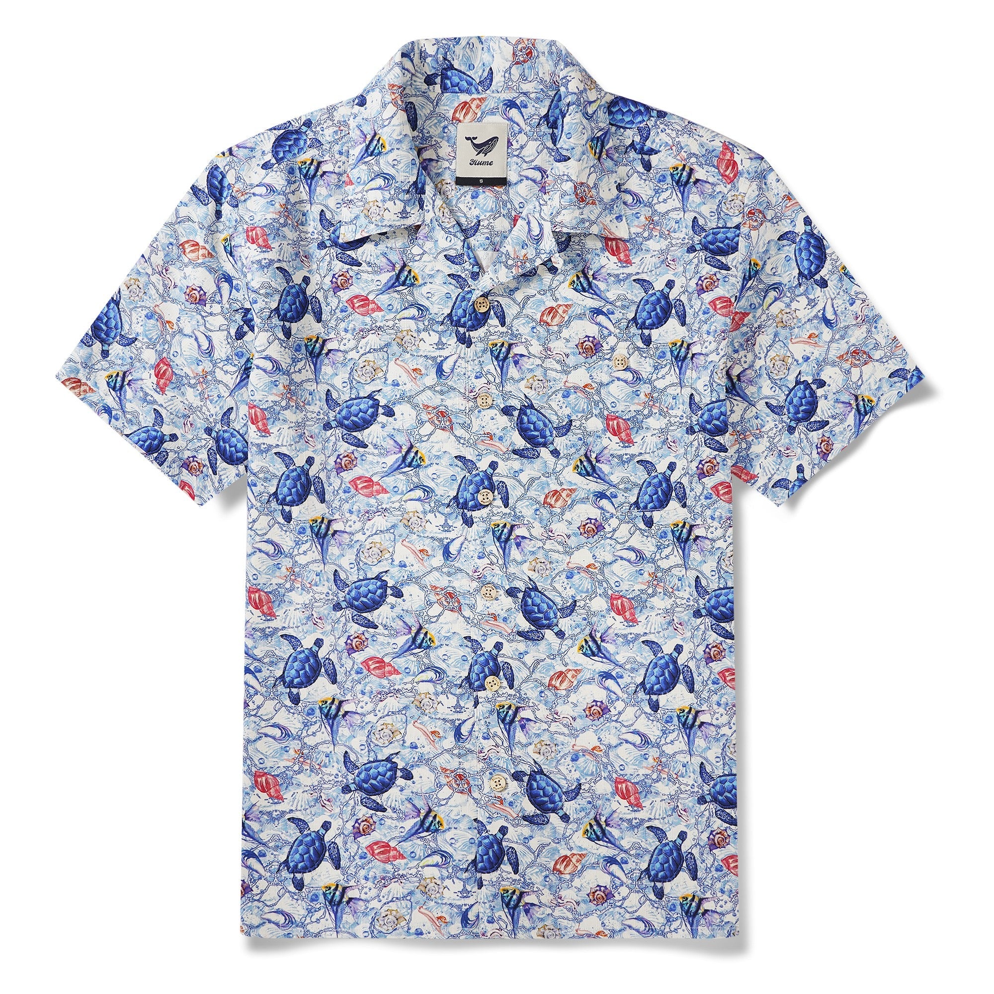 Men's Hawaiian Shirt Short Sleeve Camp Collar 100% Silk Blue Aloha A Sea Turtle's Odyssey By Sun