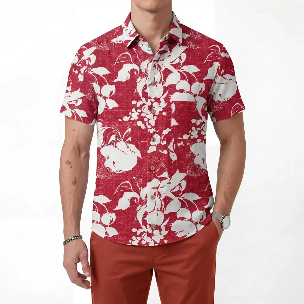 LeosWare® Flower Men's Hawaiian Shirt Short Sleeve Button-up 100% Cotton Red Aloha Crimson Blossom Harmony By Ann