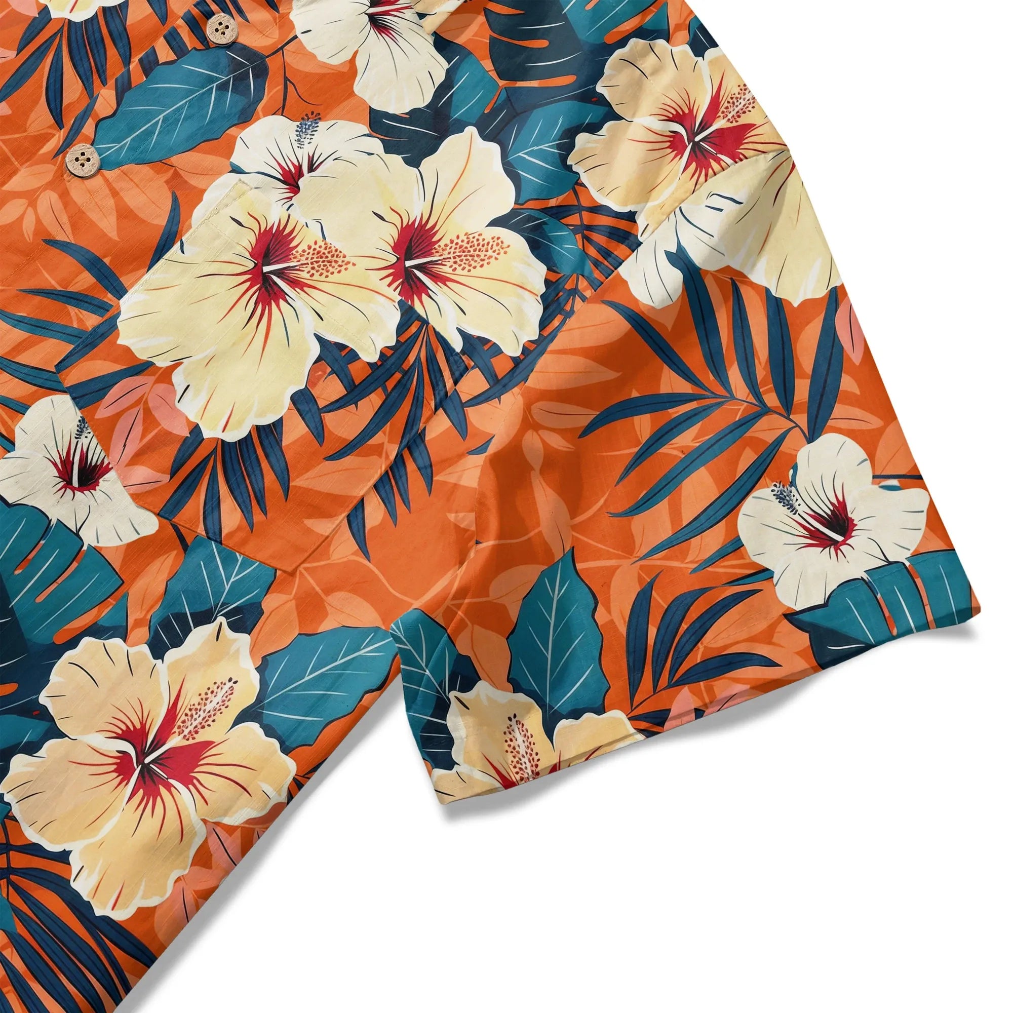 LeosWare® Men's Hawaiian Shirt Short Sleeve Button-up 100% Cotton Orange Aloha Blooming Orange Hibiscus By Ann