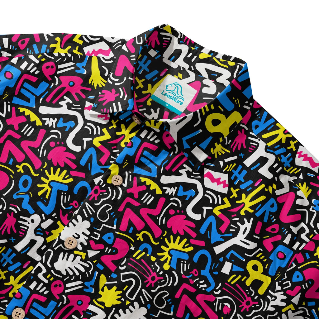 LeosWare® Men's Hawaiian Shirt Short Sleeve Button-up 100% Cotton Black Aloha Graffiti Fun By Ann