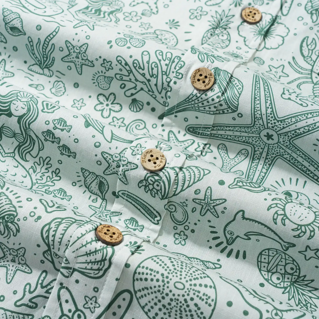 Men's Hawaiian Shirt Short Sleeve Button-down 100% Cotton Green Aloha Coastal Doodle - Sage green By Huan huan