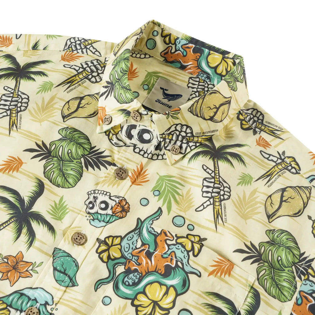 Men's Tropical Hawaiian Shirt 1990s Vintage Skull Shirt Short Sleeve Button-down100% Cotton Green Shirt Aloha Tropical Wilderness Skull By Laihha Organna