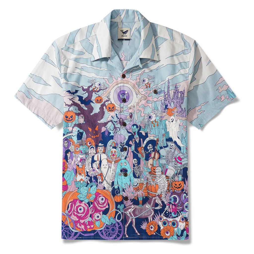 Halloween Gift Men's Hawaiian Shirt Short Sleeve Camp Collar 100% Cotton White Aloha Midnight Halloween/Dante's Halloween By Huan huan