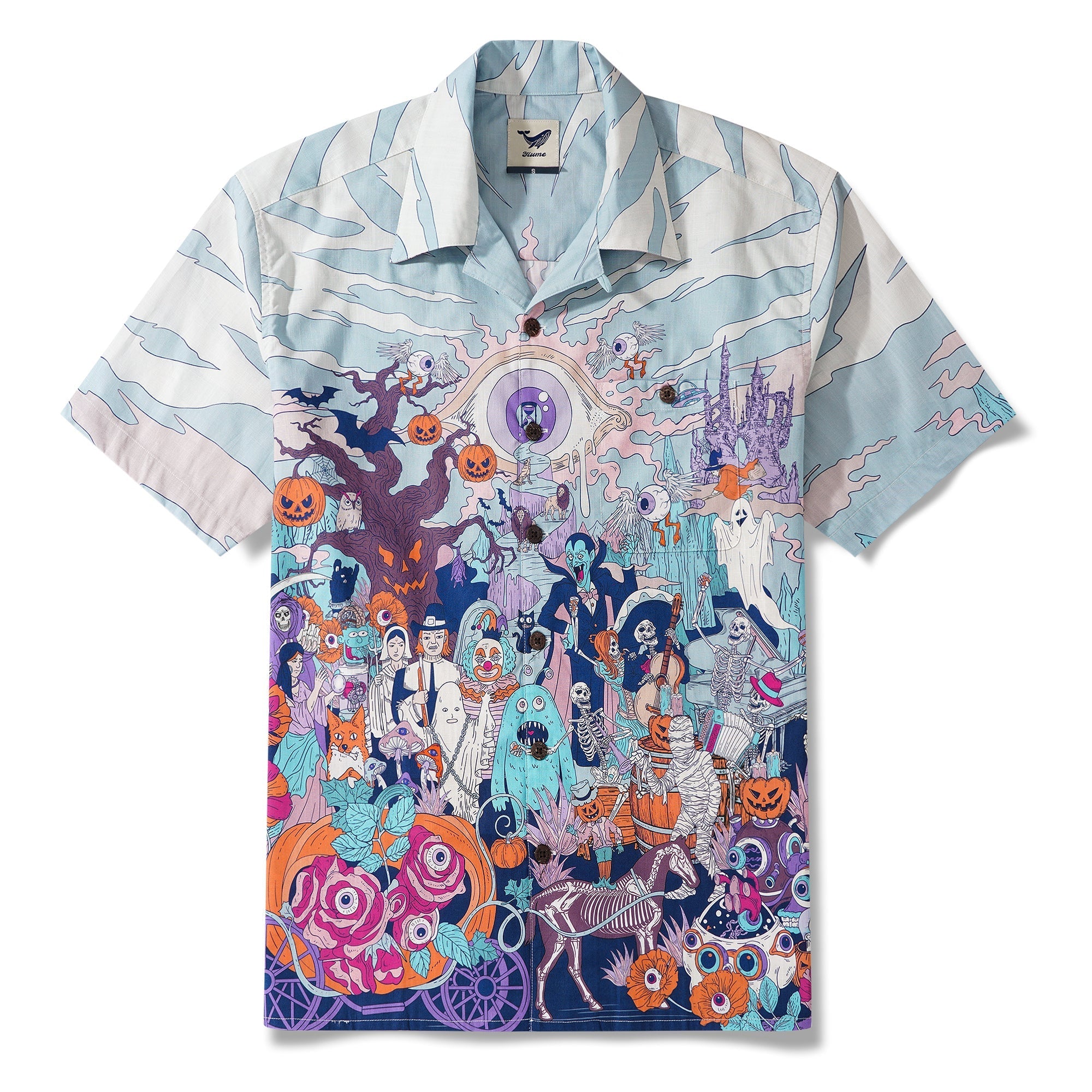 Halloween Gift Men's Hawaiian Shirt Short Sleeve Camp Collar 100% Cotton White Aloha Midnight Halloween/Dante's Halloween By Huan huan