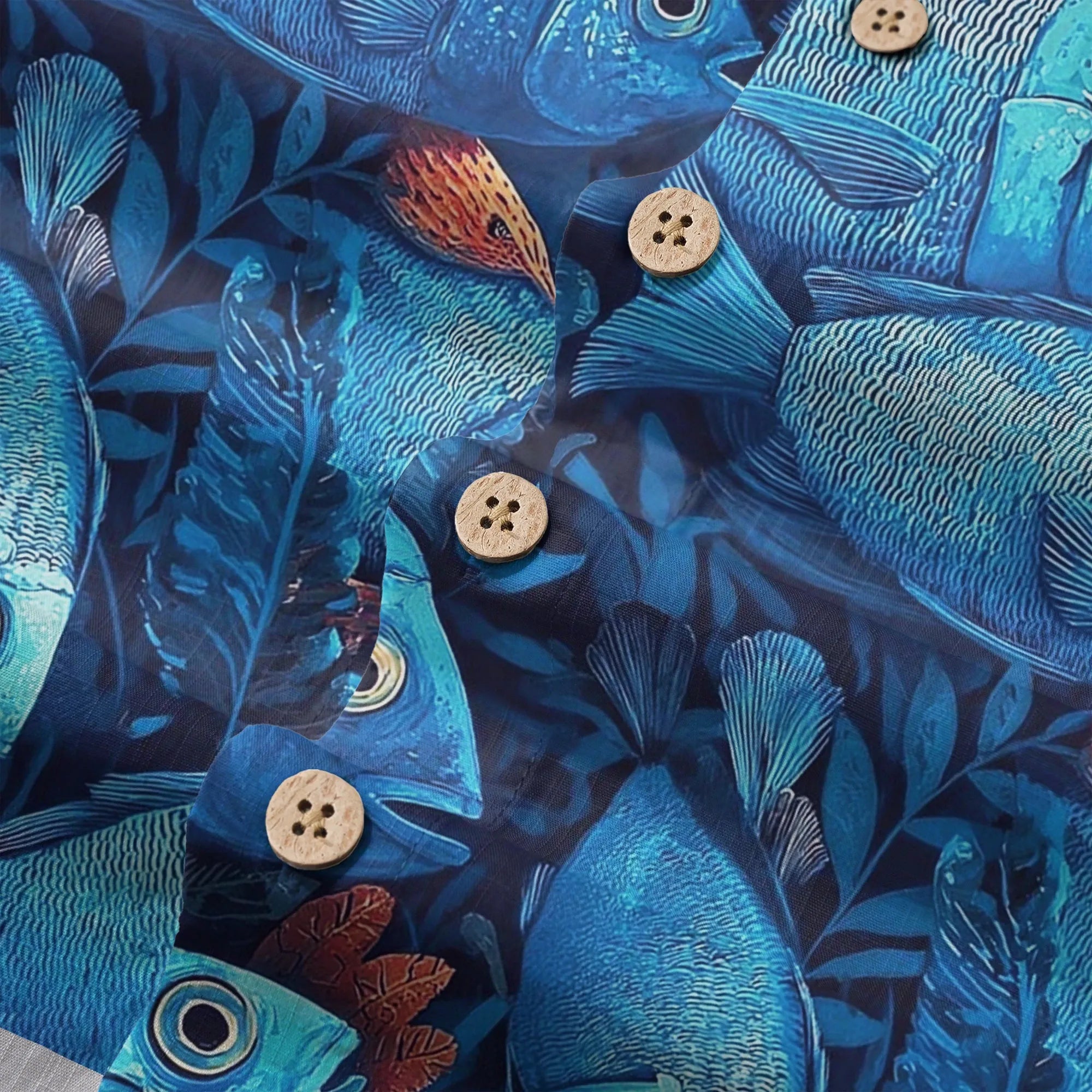 LeosWare® Men's Hawaiian Shirt Short Sleeve Button-up 100% Cotton Blue Aloha Deep Sea Blues Fish School By Ann