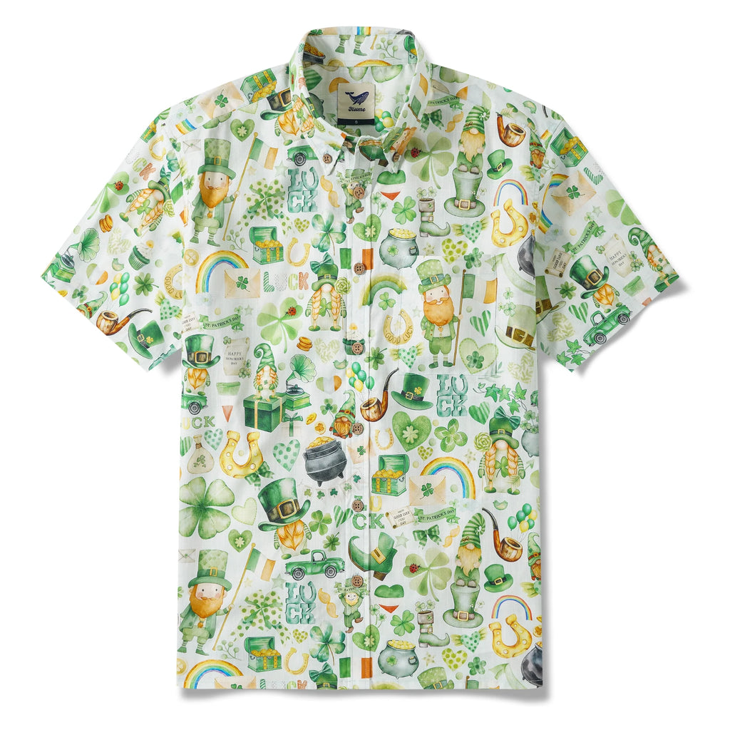 St. Patrick's Day Gift Men's Hawaiian Shirt Short Sleeve Button-down 100% Cotton Green Aloha Irish Elf Fantasia By Yana
