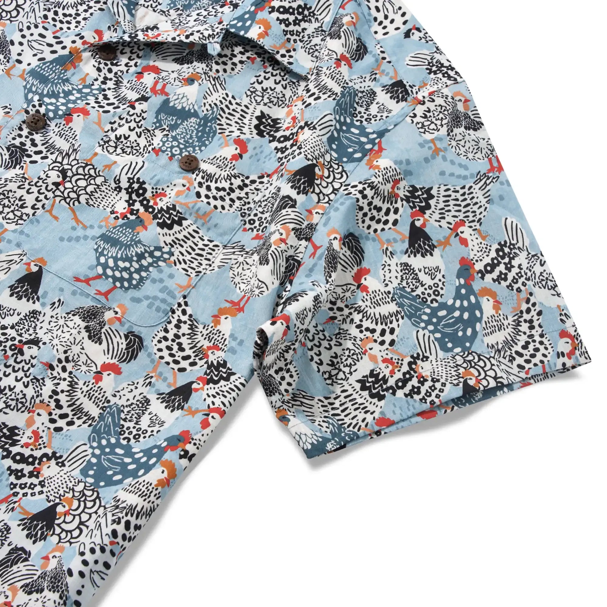 Men's Hawaiian Shirt Short Sleeve Camp Collar 100% Cotton Blue Aloha Clucking Chicken Friends By Annick