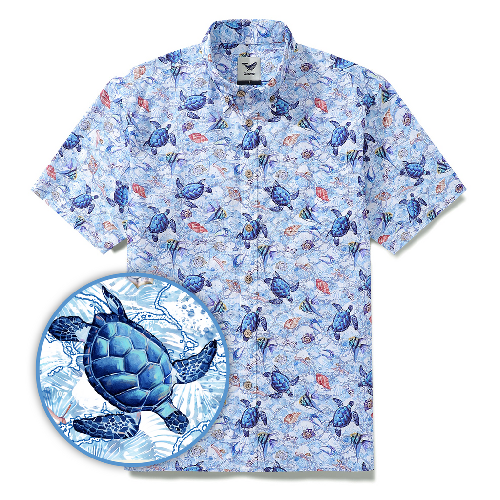 Chemise en Tissu Pour Homme Bleu Aloha en Coton avec Boutons à Manches Courtes - L'Odyssée d'une Tortue de Mer par Sun