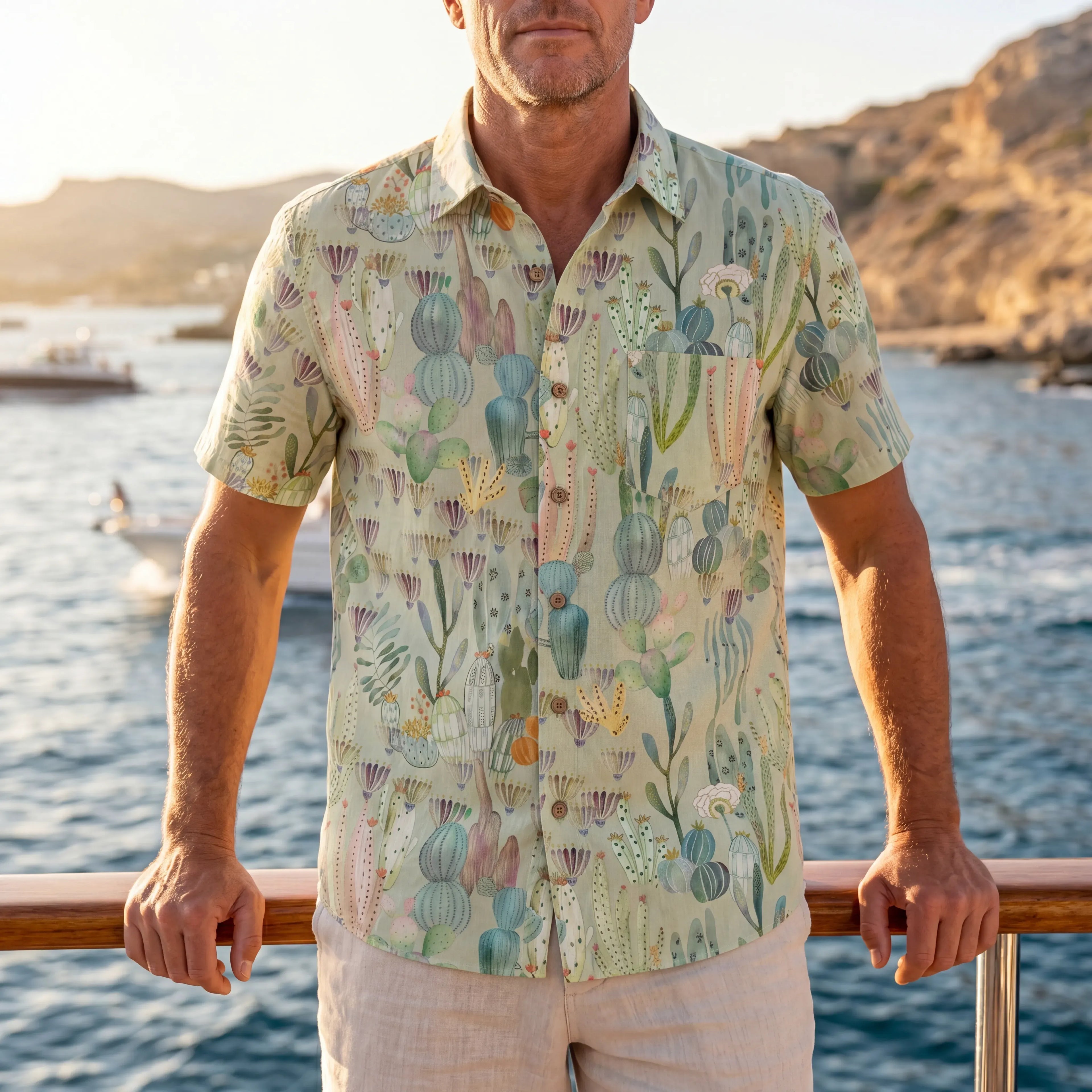 LeosWare® Men's Hawaiian Shirt Short Sleeve Button-up 100% Cotton Green Aloha Cactus Paradise By Huan huan