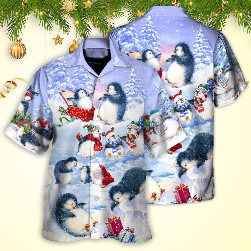 Christmas Penguin Family In Love Christmas Art Style - Hawaiian Shirt