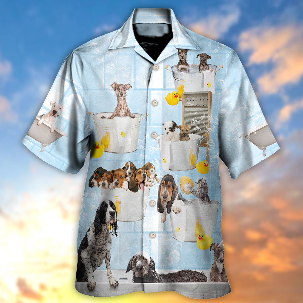 Dog Grooming Shower Happy In Bathroom - Hawaiian Shirt