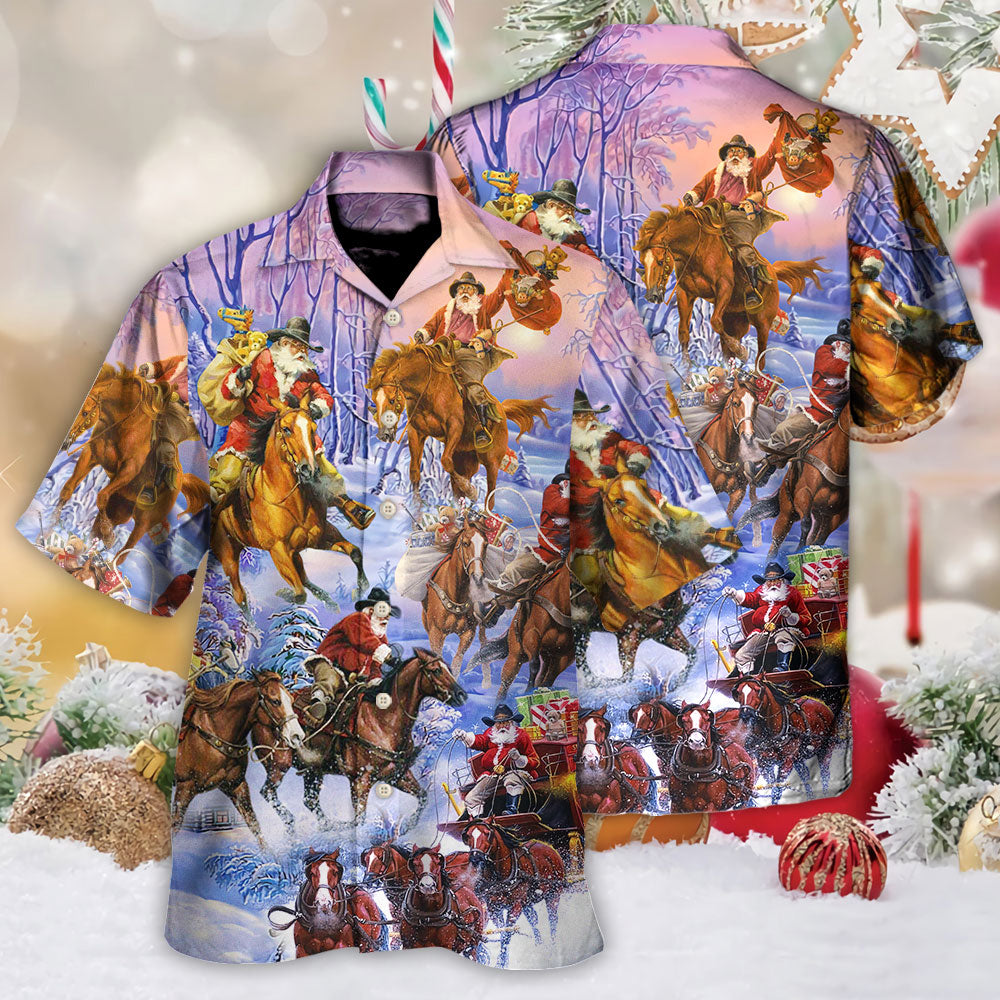 Christmas Santa And Horse Ho Ho Ho Everywhere Merry  Xmas - Hawaiian Shirt
