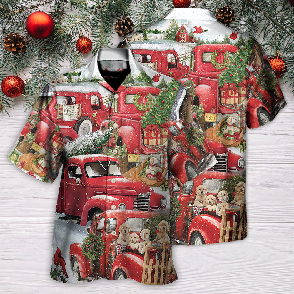 Christmas Red Truck With Xmas Tree And Little Puppy - Hawaiian Shirt