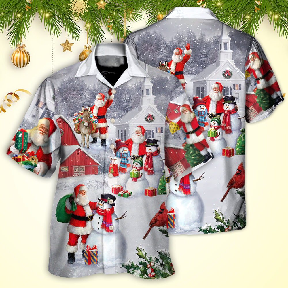 Christmas Santa Claus With Snowman Family In The Town Art Style - Hawaiian Shirt
