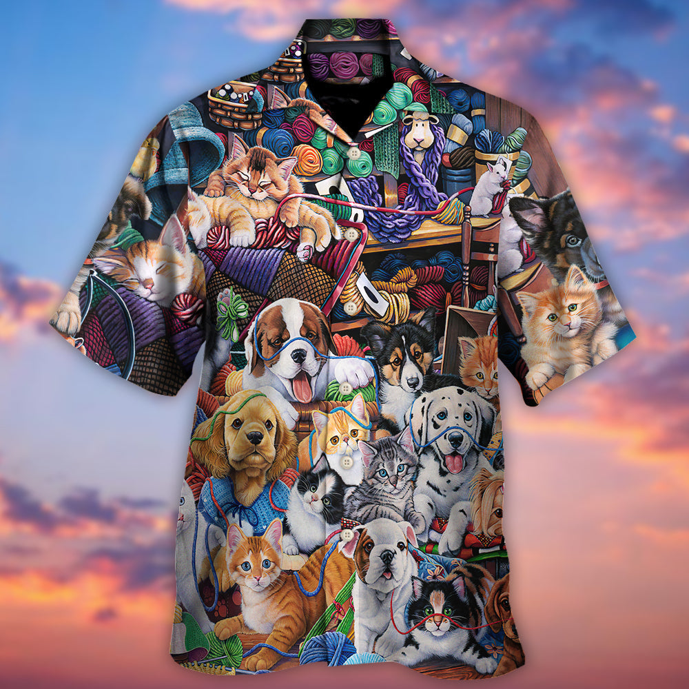 Dog And Cat Play Yarn Together - Hawaiian Shirt
