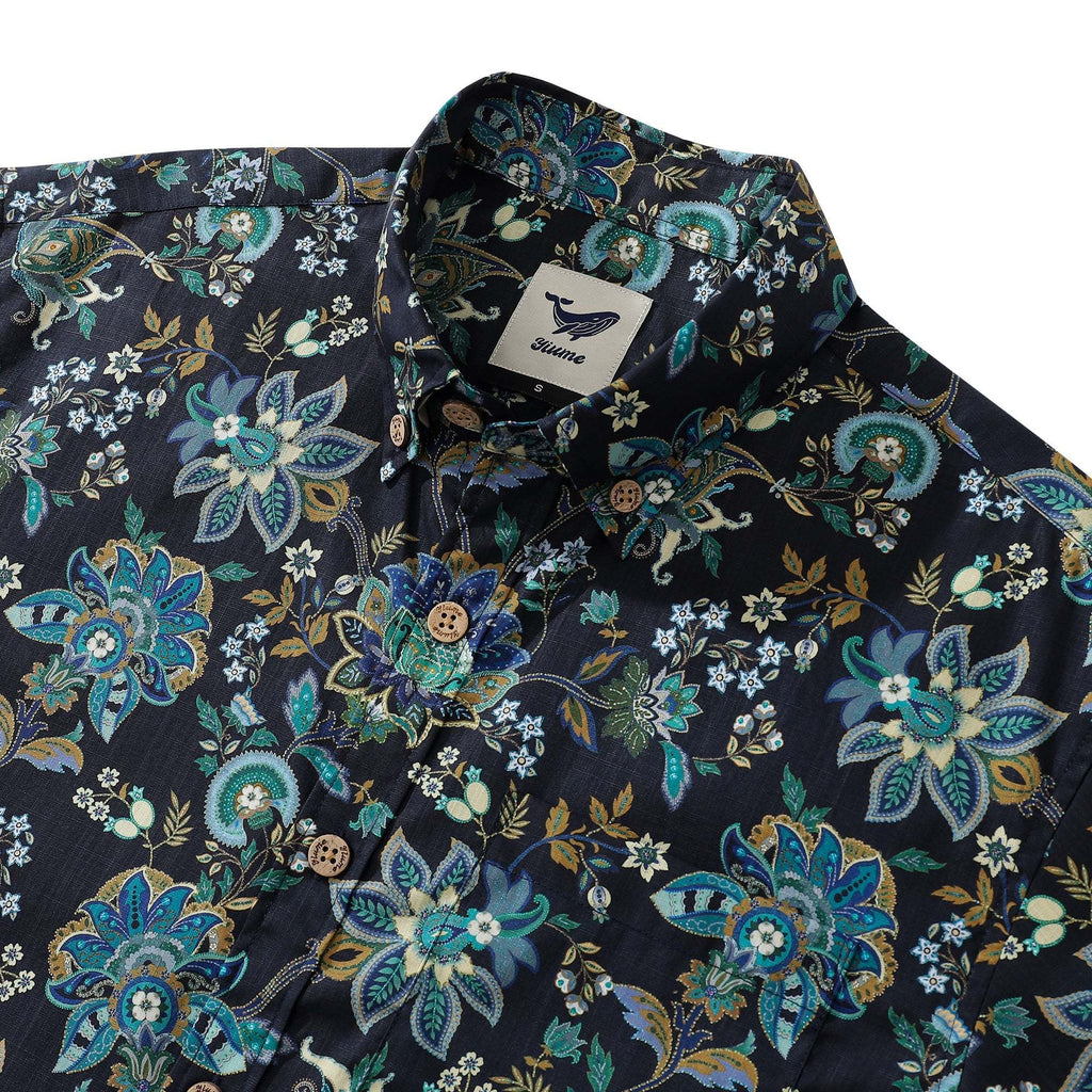 Black Hawaiian Shirt For Men Fantasy Flowers Print Short Sleeve Cotton Button Down Black Fantasy Flowers By Sylvia