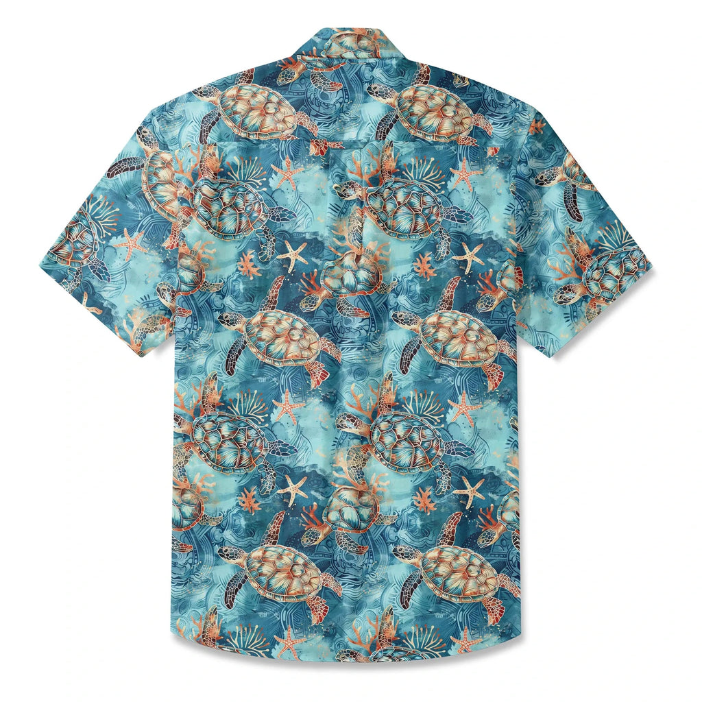 Chemise hawaïenne pour homme LeosWare® à manches courtes avec boutons 100 % coton bleu Aloha tortue dorée mer par Ann