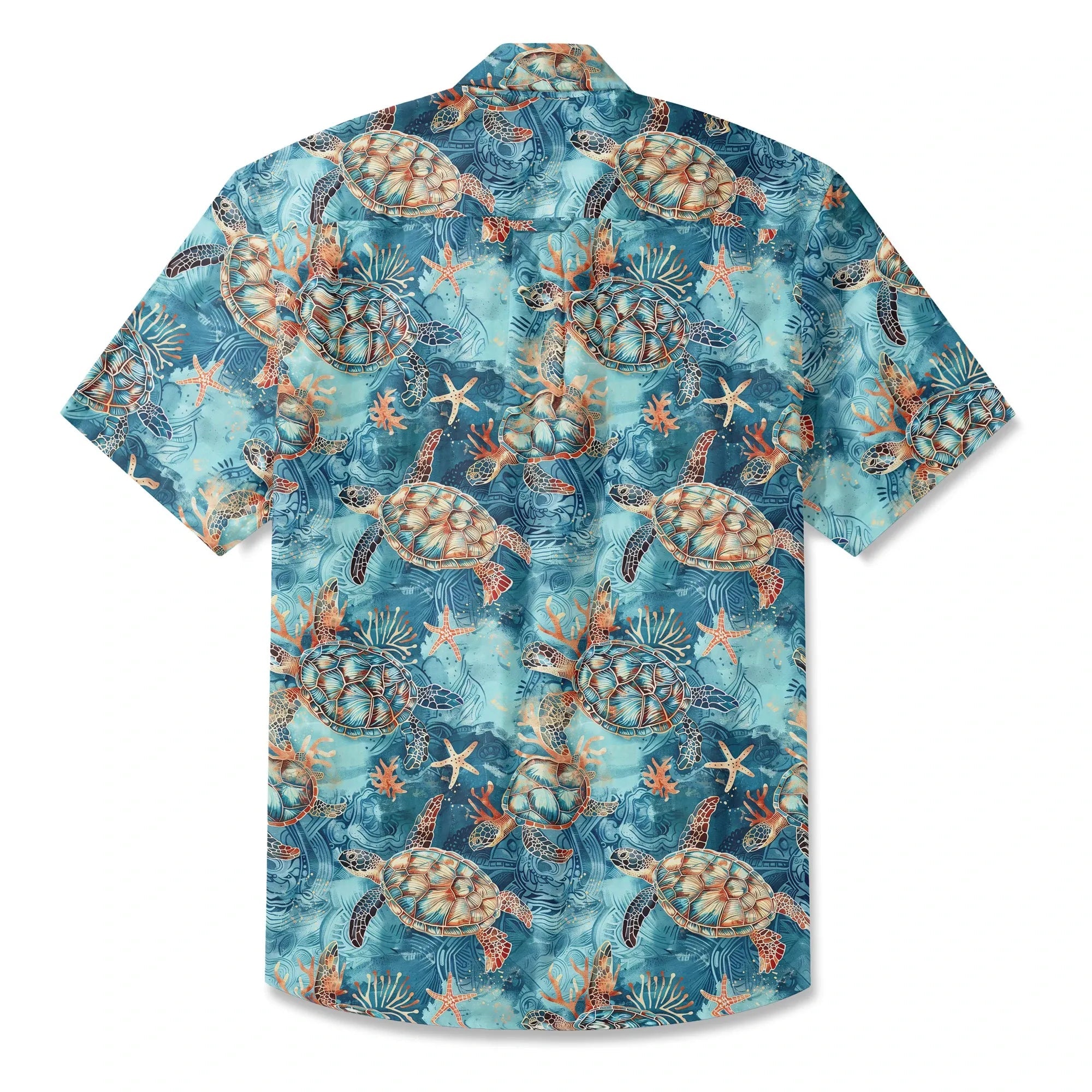 Chemise hawaïenne pour homme LeosWare® à manches courtes avec boutons 100 % coton bleu Aloha tortue dorée mer par Ann