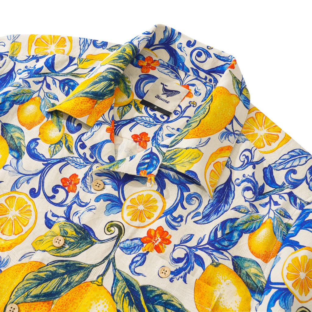 100% Silk Men's Hawaiian Shirt Short Sleeve Camp Collar 100% Silk Blue Aloha Sunlit Lemons By Mo