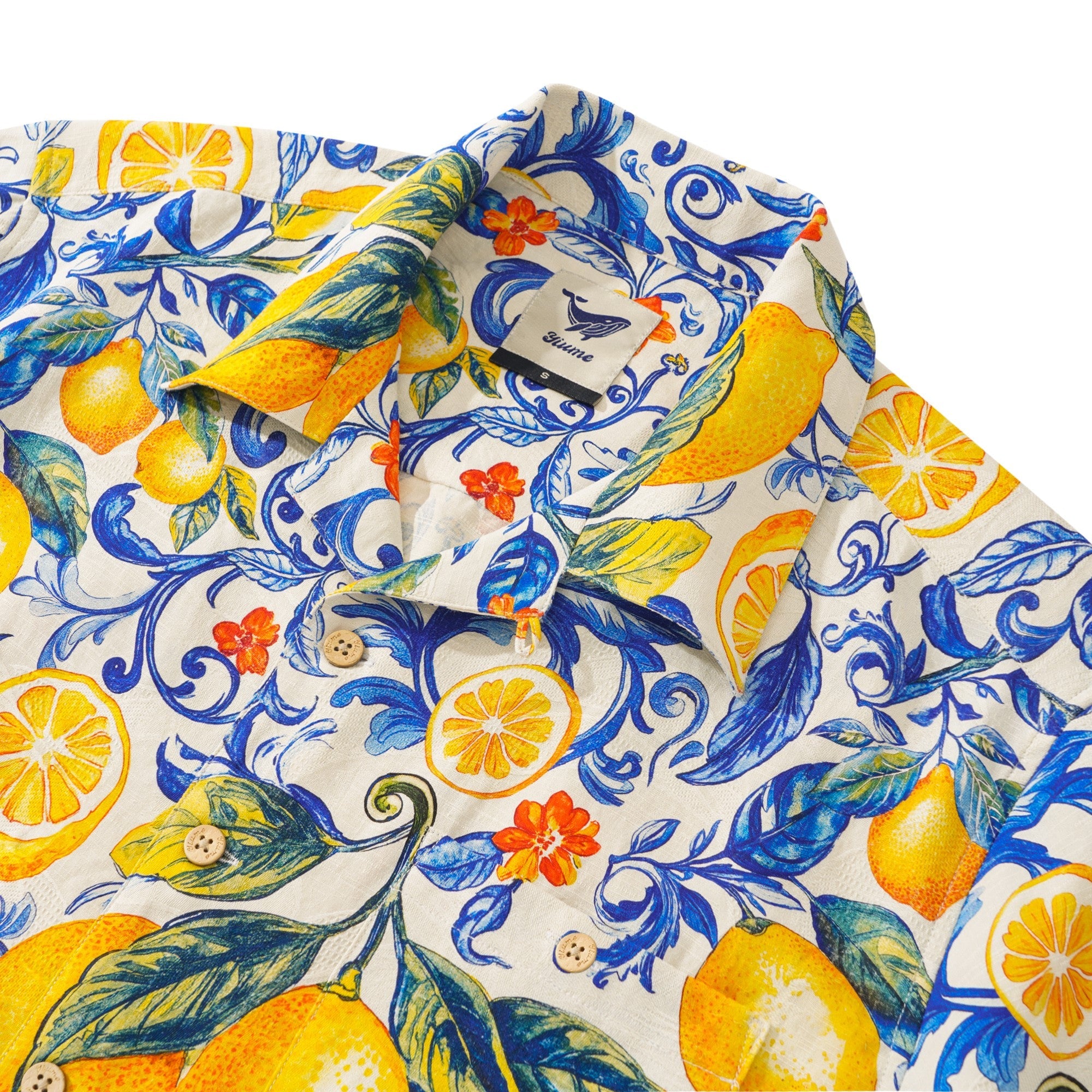 100% Silk Men's Hawaiian Shirt Short Sleeve Camp Collar 100% Silk Blue Aloha Sunlit Lemons By Mo