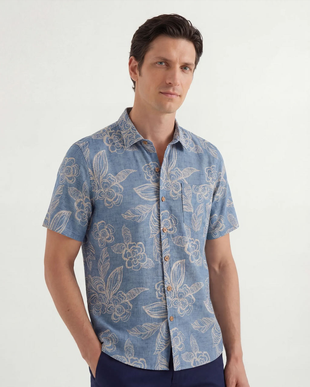 LeosWare® Men's Hawaiian Shirt Short Sleeve Button-up 100% Cotton Blue Aloha Light Blue Elegant Florals By Ethan