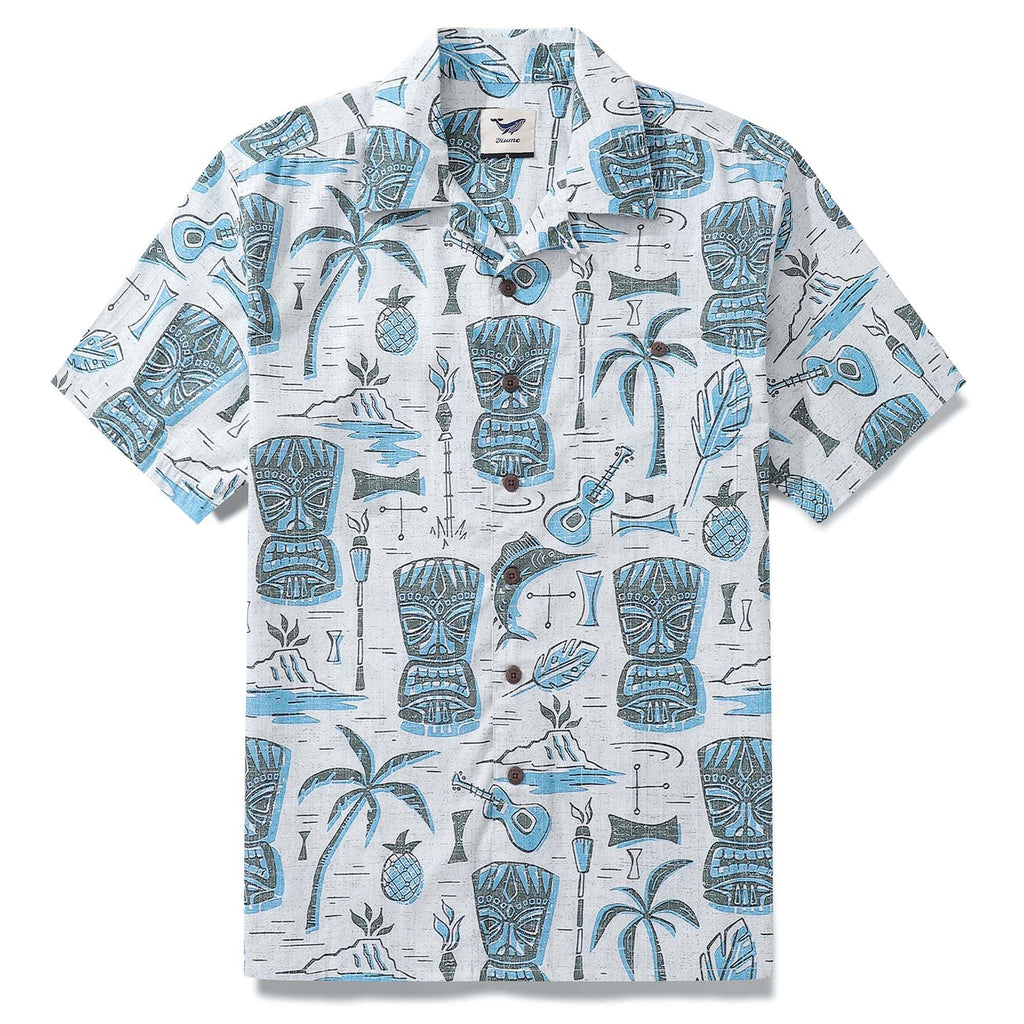 Tiki Men's Hawaiian Shirt Short Sleeve Camp Collar 100% Cotton Blue Aloha By Yakima