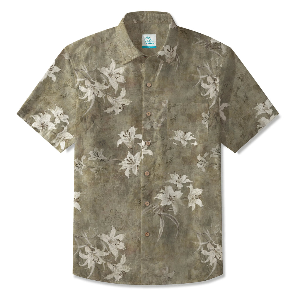LeosWare® Men's Hawaiian Shirt Short Sleeve Button-up 100% Cotton Brown Aloha Retro Floral Silhouette By Patch