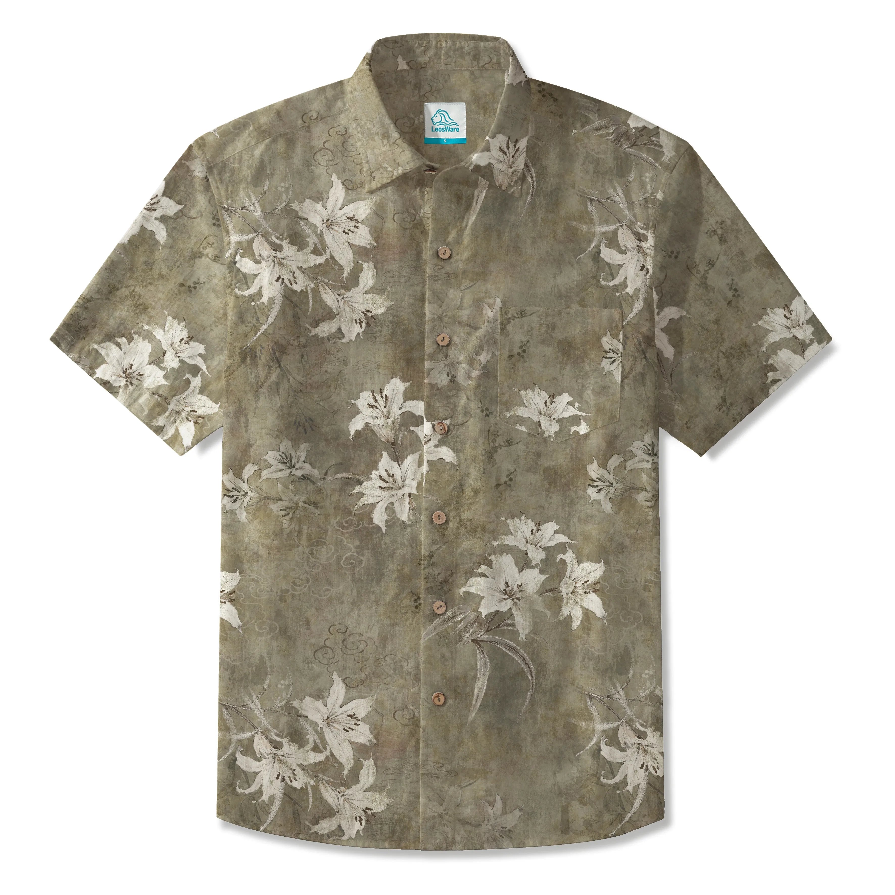 LeosWare® Men's Hawaiian Shirt Short Sleeve Button-up 100% Cotton Brown Aloha Retro Floral Silhouette By Patch