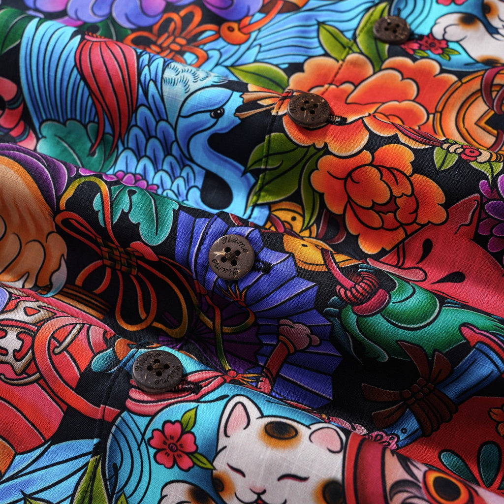 Chemise hawaïenne pour homme à manches courtes col camp 100% coton noire Aloha Tokyo Whimsy par Geetanjali Behera, par Geetanjali Behera